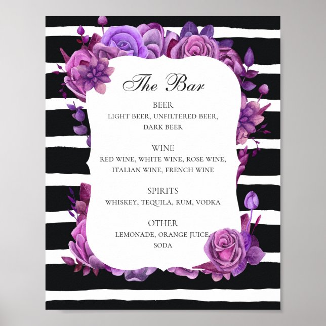 Poster Bar à boissons noir et blanc mariage. Floral pourp (Devant)
