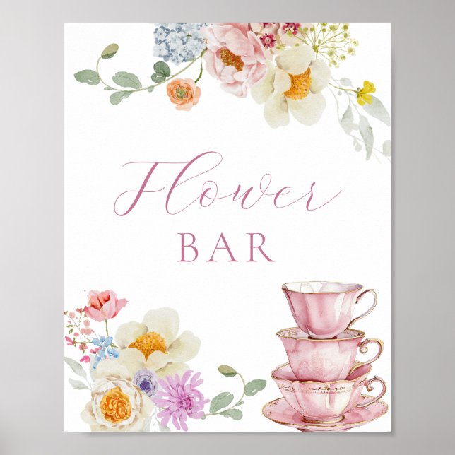 Poster Bar à fleurs Fleur sauvage et Tasses à thé roses (Devant)