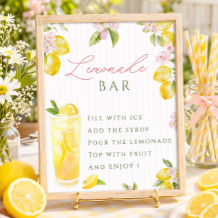 Poster Bar à limonade fraîchement diplômé aux fleurs rose