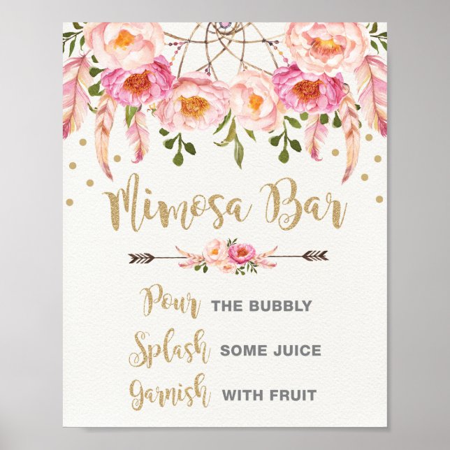 Poster Bar à Mimosa Bohème Rose Or Fête de Mariage (Devant)