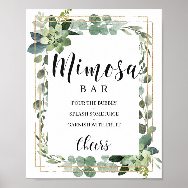 Poster Bar à mimosa doré avec feuilles verdoyantes boho (Devant)