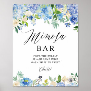 Poster Bar à Mimosa Fleurs d'Hydrangea Aquarelle Bleue po