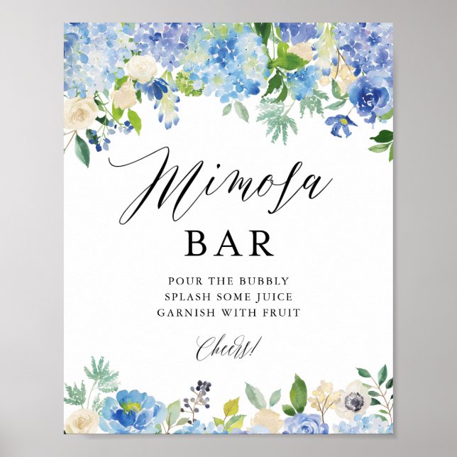 Poster Bar à Mimosa Fleurs d'Hydrangea Aquarelle Bleue po (Devant)