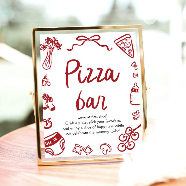 Poster Bar à pizza Baby shower italien rouge (Red Italian Hand Drawn Baby Shower Pizza Bar Sign)