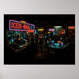 Poster Bar Cyberpunk Poker Holographique Robot Barman