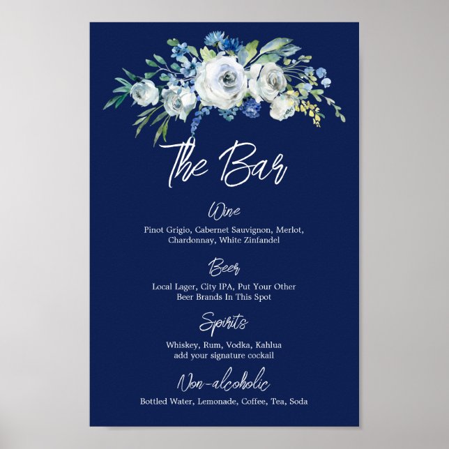 Poster Bar de mariage moderne Floral bleu marine Menu (Devant)