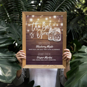 Poster Bar est ouvert Boisson Menu Mason Jars Mariage Sig