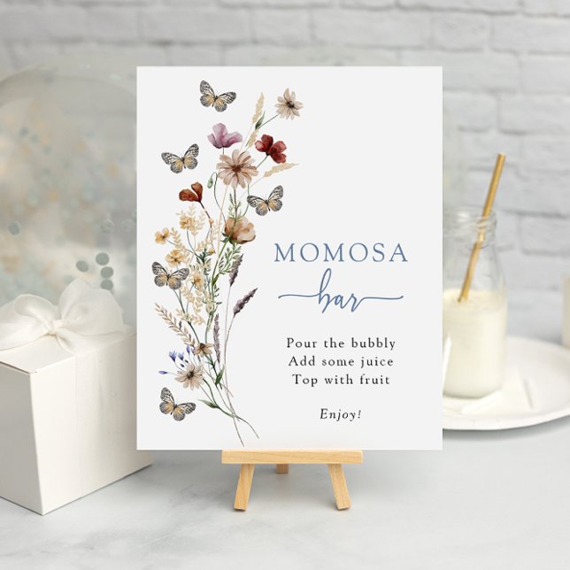 Poster Bar Fleur sauvage bleu Momosa (Dusty Blue Wildflower Mimosa Bar Poster with Butterflies by Painted Paperie
)