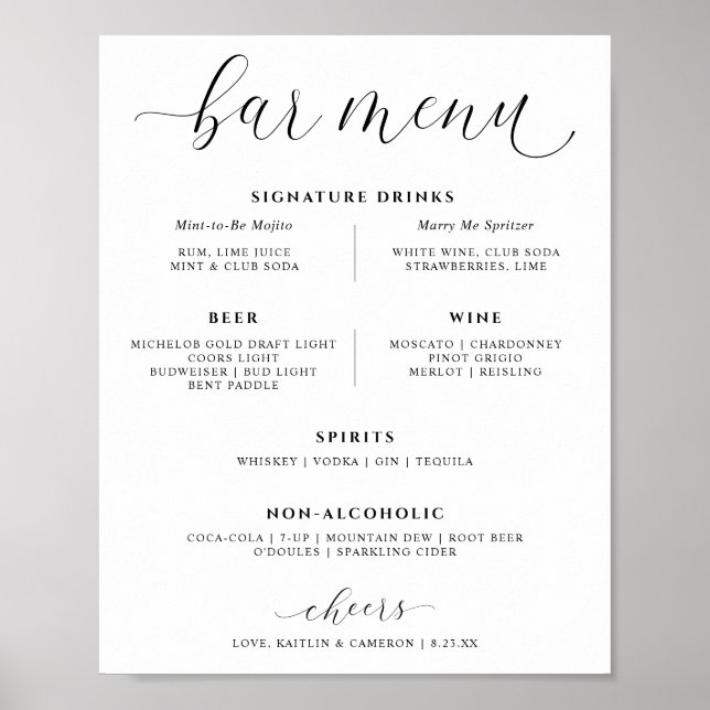 Poster Bar mariage Boissons Menu Élégante Signature Boiss (Devant)