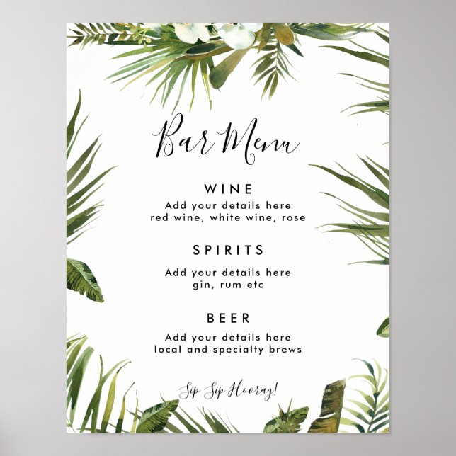 Poster bar mariage tropical panneau de menu (Devant)
