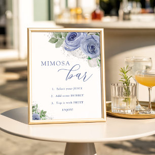 Poster Bar Mimosa, Baby shower Floral Bleu et Argent