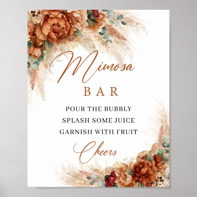 Poster Bar mimosa floral boho en terre cuite et burgundy (Devant)