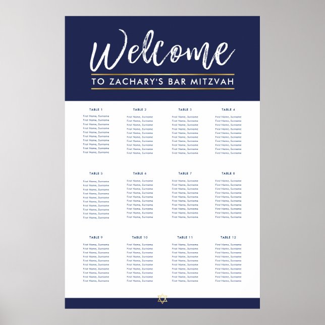 Poster BAR MITZVAH TABLE PLAN 12 tables Marine moderne (Devant)