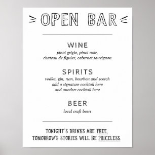 Poster Bar Ouvert   Panneau de Menu de Bar de Mariage