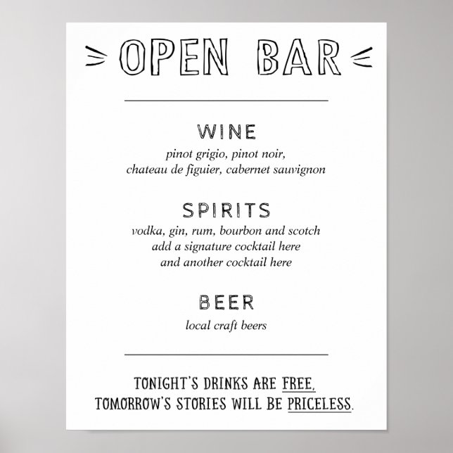 Poster Bar Ouvert | Panneau de Menu de Bar de Mariage (Devant)