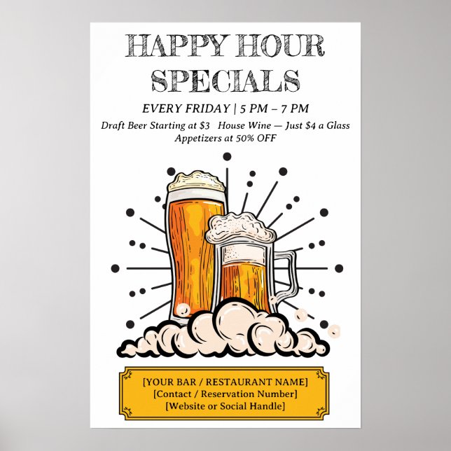 Poster Bar & Restaurant Custom Happy Hour (Devant)