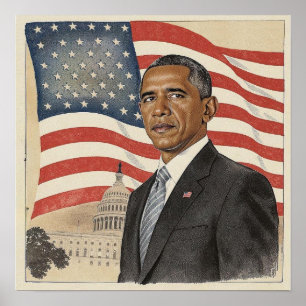 Poster Barack Obama devant le drapeau américain et le Cap