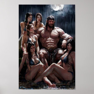 Poster Barbare Musclé Entouré de Femmes Sexy