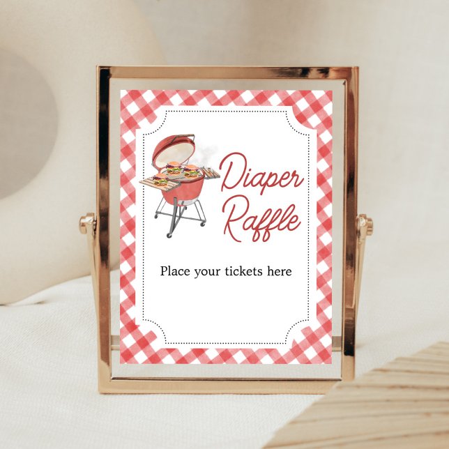 Poster Barbecue Baby shower BBQ rouge Raffle de couche (Backyard BBQ Baby Shower Diaper Raffle Sign)