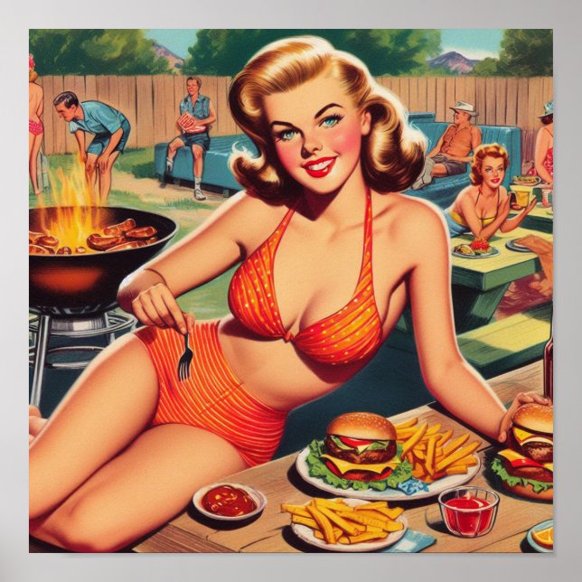 Poster Barbecue vintage Bikini Pin-up (Devant)