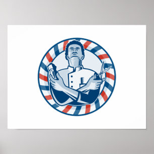 Poster Barbier avec poteau Hair Clipper et ciseaux Rétro