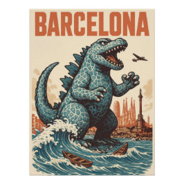 Poster Barcelona City Monster Attack Art Print - Kaiju