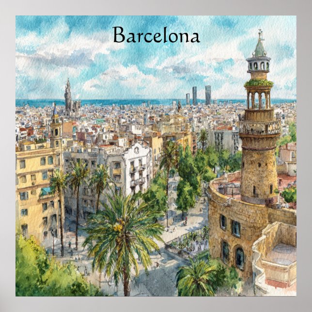 Poster Barcelona Spain Catalonia City VIew Oil Paint (Devant)