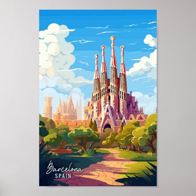 Poster Barcelone Espagne Art illustration de voyage vinta (Devant)