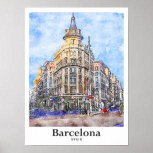Poster Barcelone Espagne Voyage Aquarelle main tiré