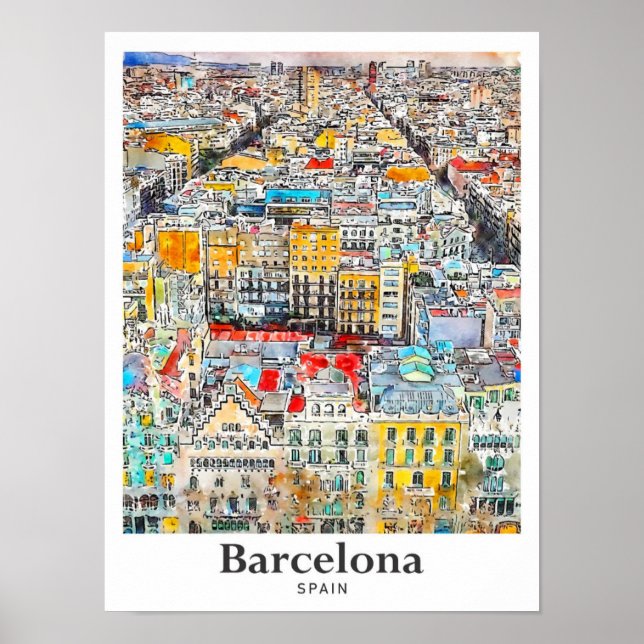 Poster Barcelone Espagne Voyage Aquarelle main tiré (Devant)
