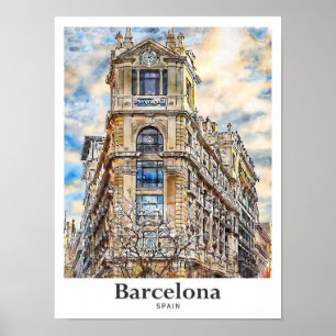 Poster Barcelone Espagne Voyage Aquarelle main tiré