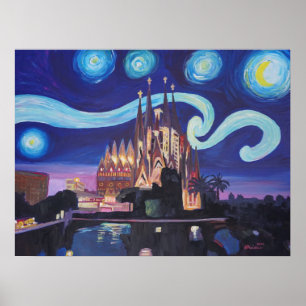 Poster Barcelone Sagrada Familia Nuit étoilée