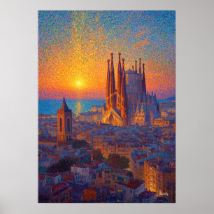 Poster Barcelone Sagrada Familia Pointillisme Coucher de 
