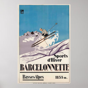 Poster Barcelonnette Ski Alpes France Voyage Ancien