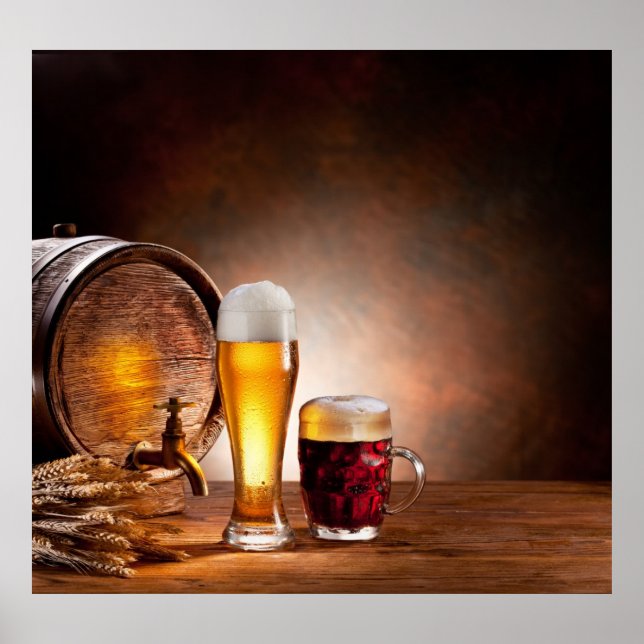 Poster Baril de bière avec verres de bière sur une table  (Devant)