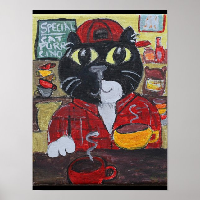 Poster Barista Coffee Cat Folk Art (Devant)