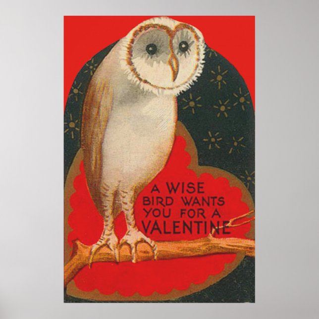 Poster Barn Owl Heart Tree Stars Valentine (Devant)