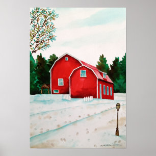 Poster Barnes rouges en neige - Aquarelle Paysage Art Imp