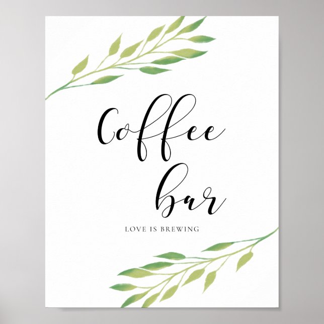 Poster Barre de café Aquarelle vert feuille signe mariage (Devant)