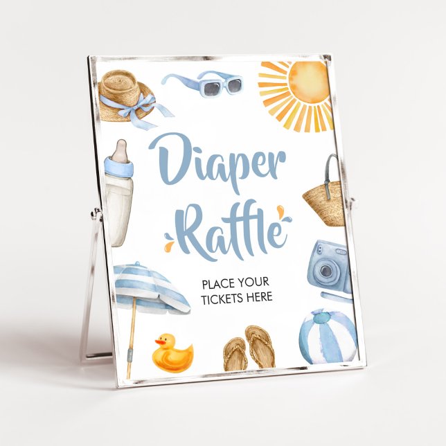 Poster Barre de couches Baby shower à éclaboussure bleue (Boy Summer Beach Baby Shower Diaper Raffle Sign)