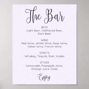 Poster Barre de mariage de script simple violet. Boissons