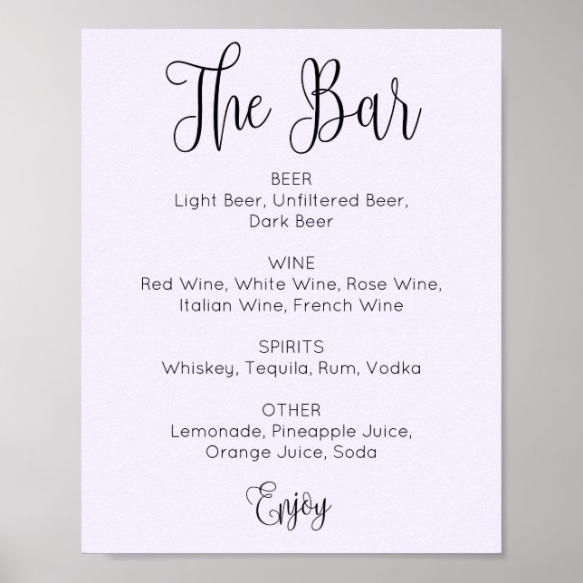 Poster Barre de mariage de script simple violet. Boissons (Devant)
