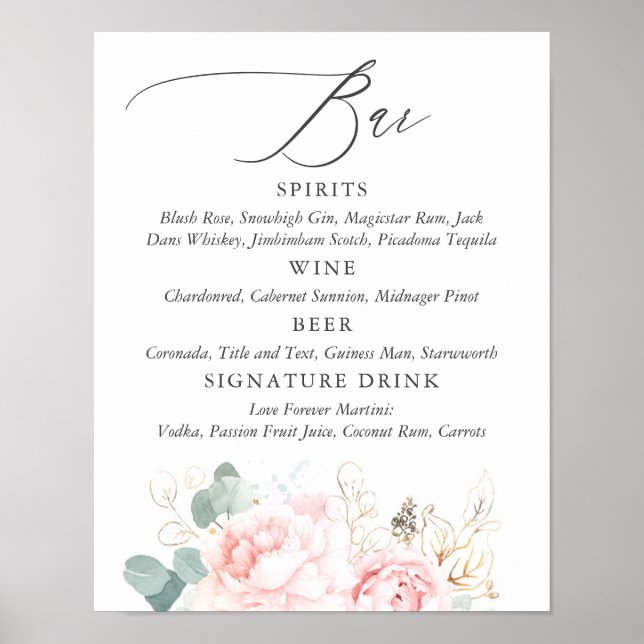 Poster Barre de menu Fleurs roses et verdure or Signe (Devant)