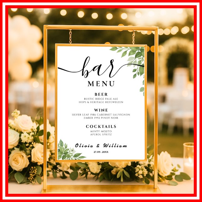 Poster Barre Feuilles Vert Sage Menu Mariage Signature Bo (Créateur téléchargé)