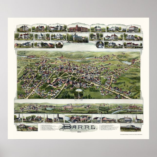 Poster Barre, MA Carte panoramique - 1891 (Devant)