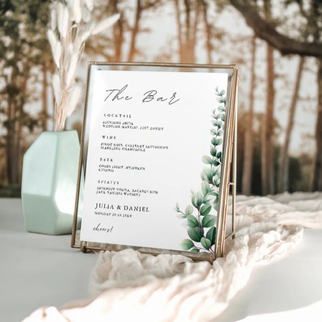 Poster Barre Mariage verte Menu Signer Modèle (Greenery Wedding Bar Menu Sign Template)