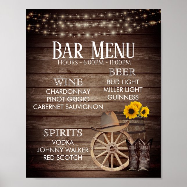 Poster Barre Menu - Mariage en baril de bois de campagne (Devant)