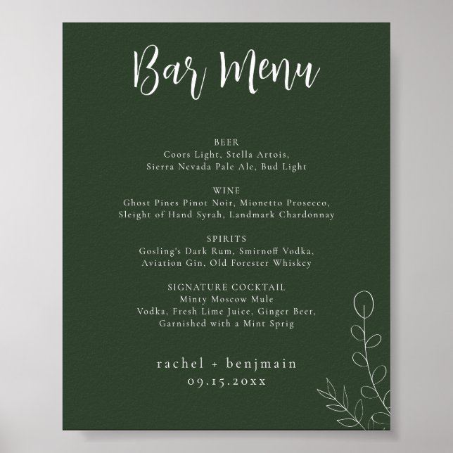 Poster Barre Menu Mariage Sage Vert Botanique Minimal (Devant)