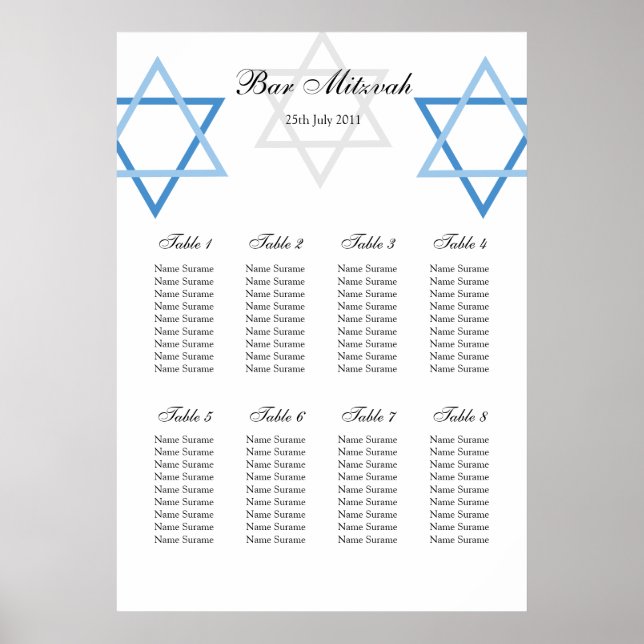Poster Barre Mitzvah Table Plan de siège (Devant)