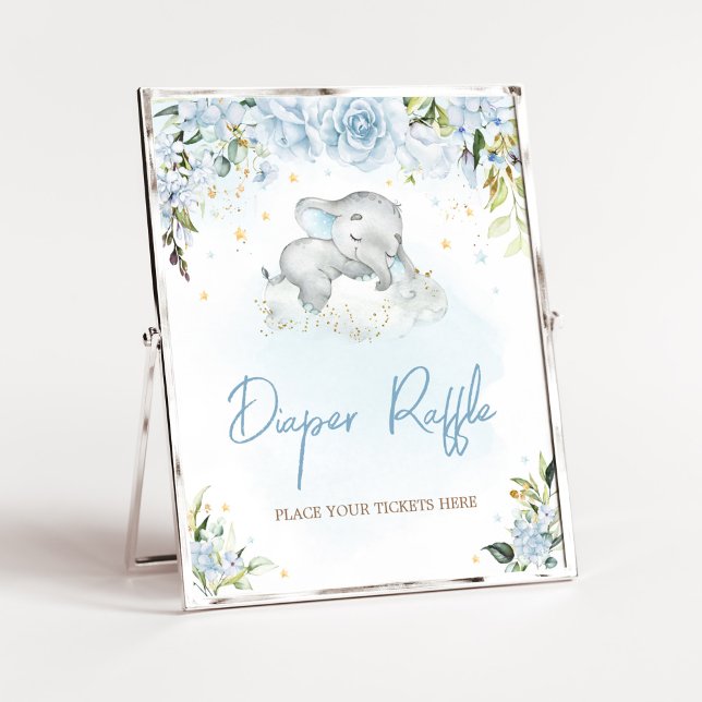 Poster Barreau bleu Baby shower floral (Blue Floral Sleeping Elephant Baby Shower Diaper Raffle Sign)